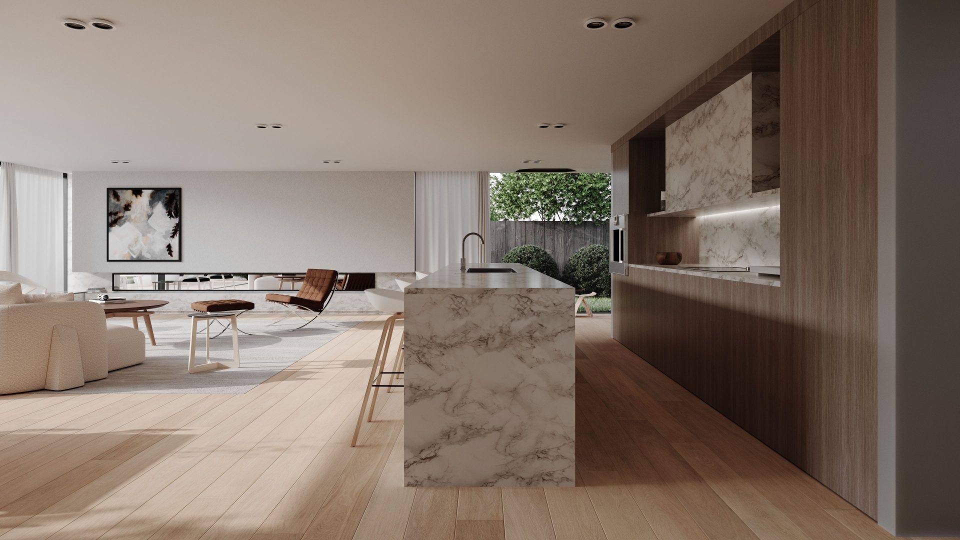 Ambiente amplio y luminoso con piso de madera y grandes ventanales